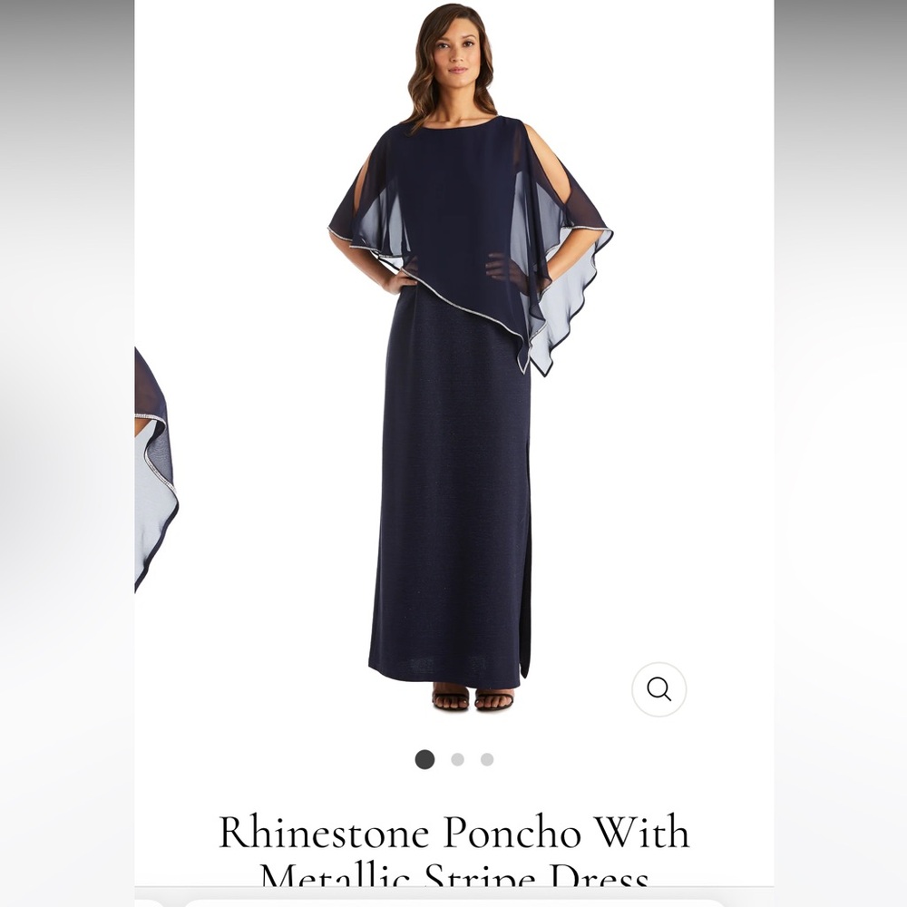 R&M Richards Rhinestone Poncho With Metallic Stripe Dress size 16 navy